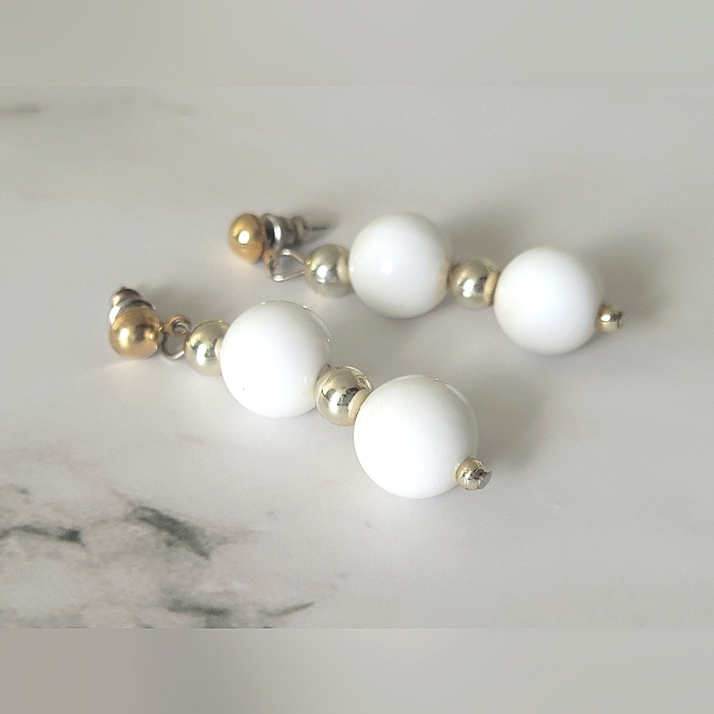Vintage White Gold Bead Dangle Post Pierced Earrings
